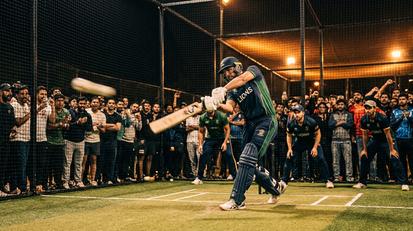 Cricket batsman playing a powerful shot inside a Stories Arena pitch