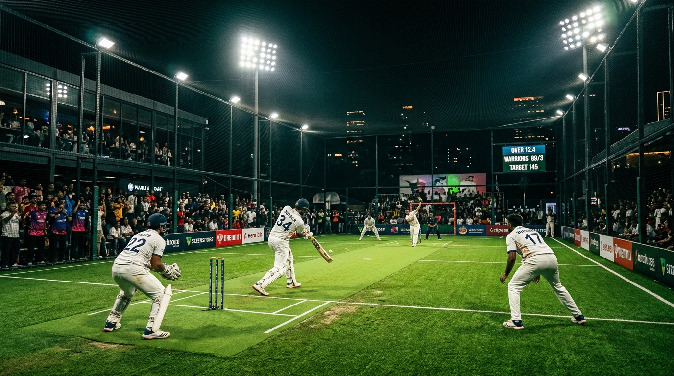 Box cricket match under arena floodlights